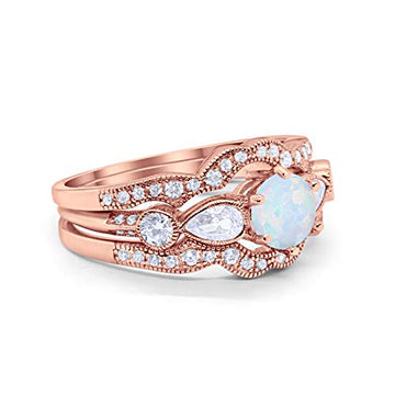 Three Piece Bridal Wedding Promise Ring Rose Tone, Lab White Opal 925 Sterling Silver